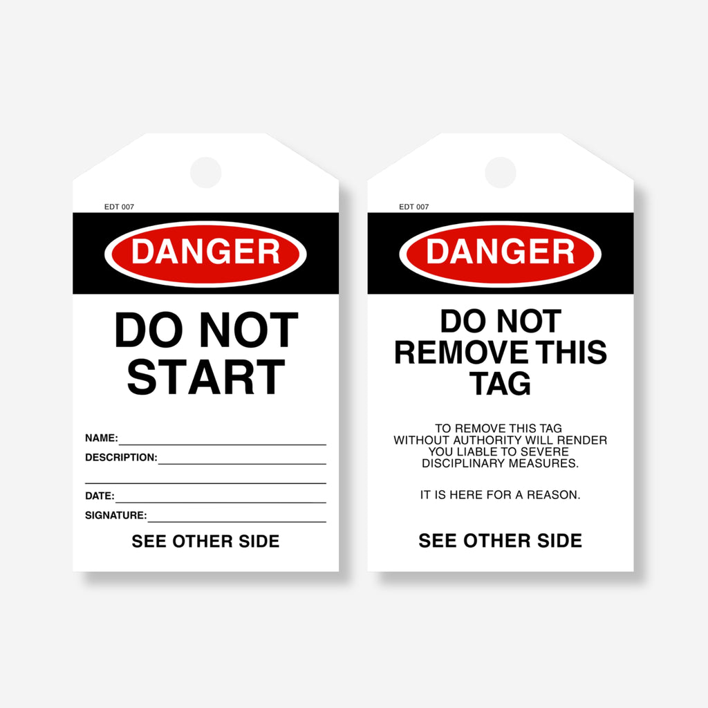 Front and back view of the Danger Do Not Start tag, showing sign-off fields on the front and a remarks section with "Do Not Remove This Tag" warning on the back.