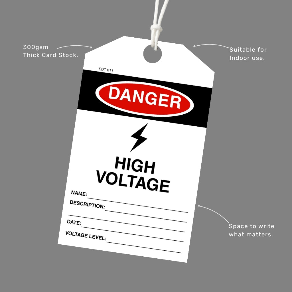 Danger High Voltage tag printed on 300gsm thick card stock with an attached white cord, callout labels highlighting indoor suitability and write-in fields.