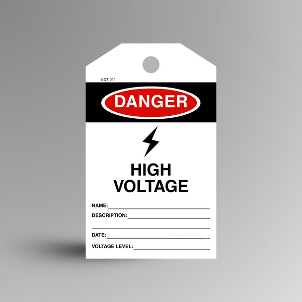 Red and black DANGER High Voltage safety tag on a gradient background, showing name, description, date and signature fields.