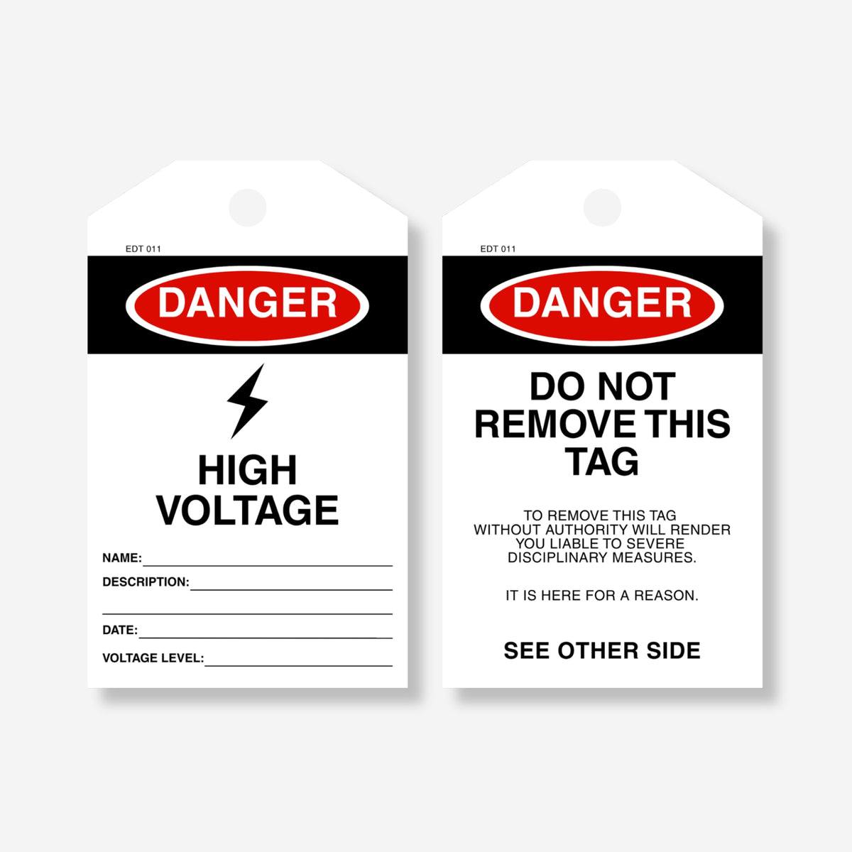 Front and back view of the Danger High Voltage tag, showing sign-off fields on the front and a remarks section with "Do Not Remove This Tag" warning on the back.