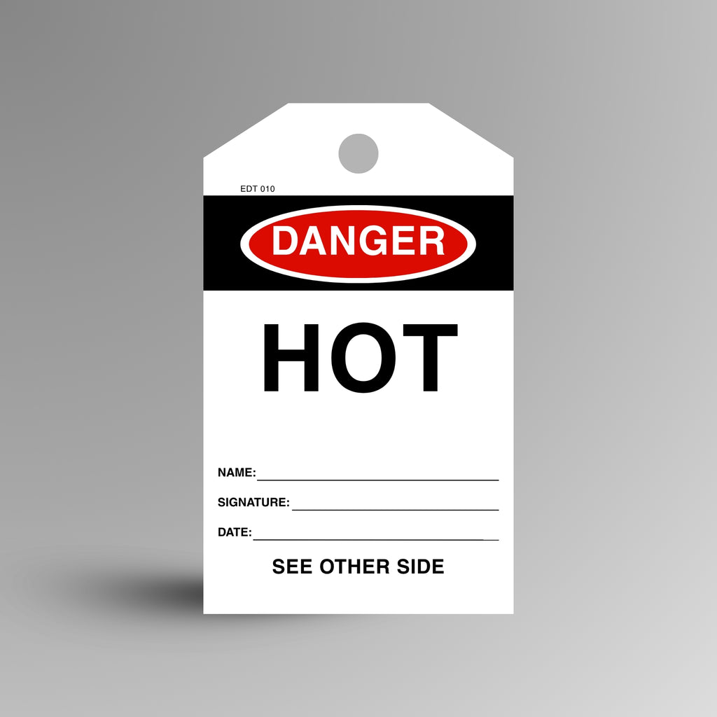 Red and black DANGER Hot safety tag on a gradient background, showing name, description, date and signature fields.