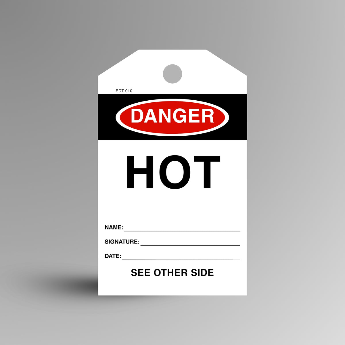 Red and black DANGER Hot safety tag on a gradient background, showing name, description, date and signature fields.
