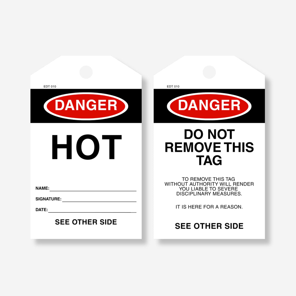 Front and back view of the Danger Hot tag, showing sign-off fields on the front and a remarks section with "Do Not Remove This Tag" warning on the back.
