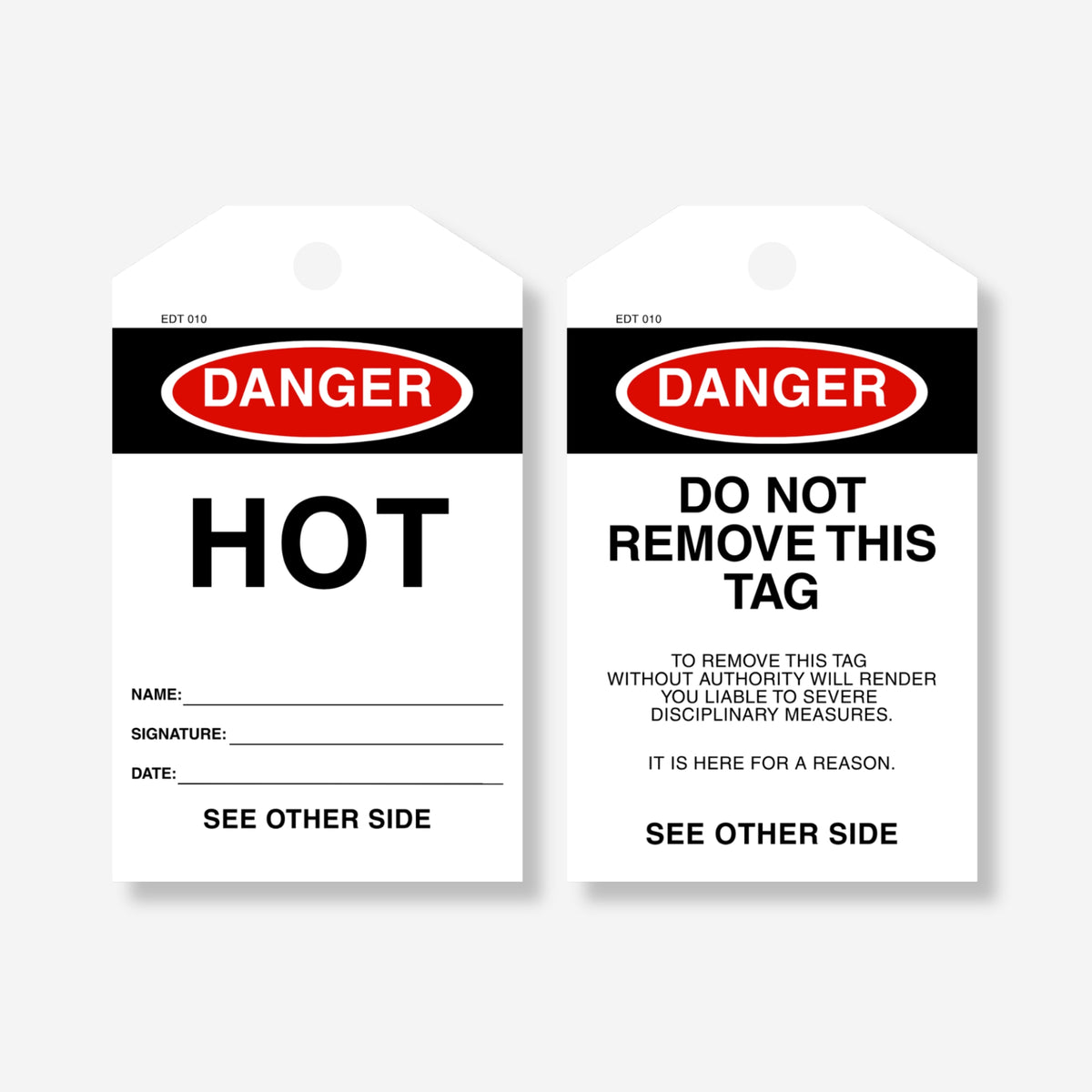 Front and back view of the Danger Hot tag, showing sign-off fields on the front and a remarks section with "Do Not Remove This Tag" warning on the back.