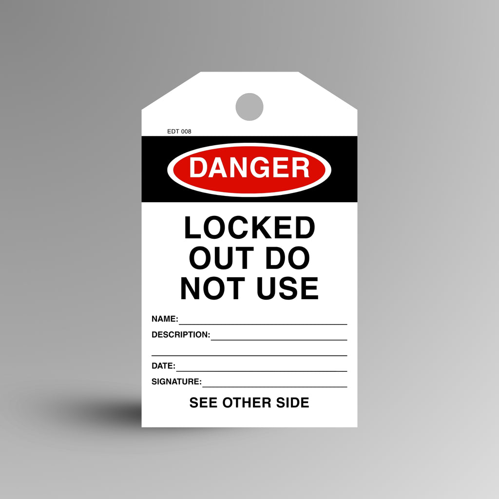 Red and black DANGER Locked Out Do Not Use safety tag on a gradient background, showing name, description, date and signature fields.