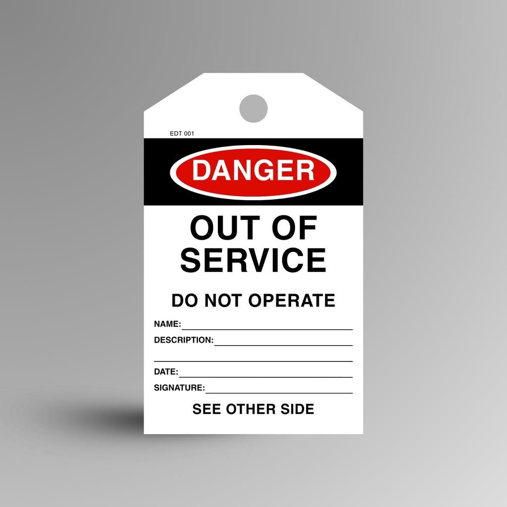 Red and black DANGER Out of Service safety tag on a gradient background, showing name, description, date and signature fields.