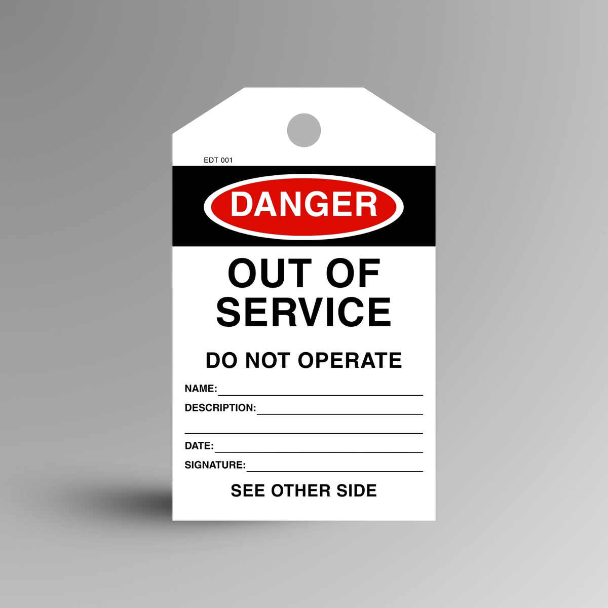 Red and black DANGER Out of Service safety tag on a gradient background, showing name, description, date and signature fields.