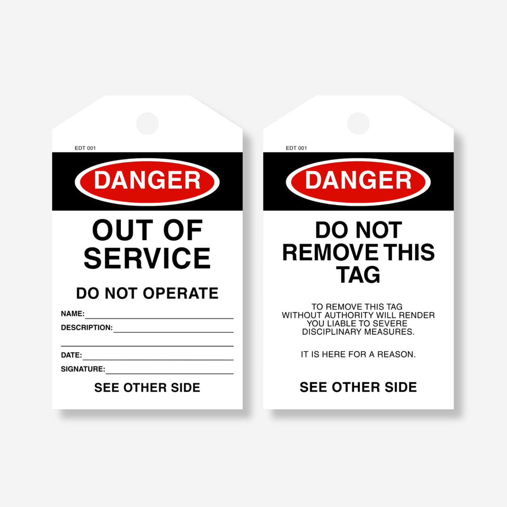 Front and back view of the Danger Out of Service tag, showing sign-off fields on the front and a remarks section with "Do Not Remove This Tag" warning on the back.