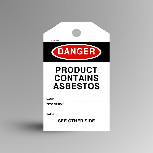 Red and black DANGER Product Contains Asbestos safety tag on a gradient background, showing name, description, date and signature fields.