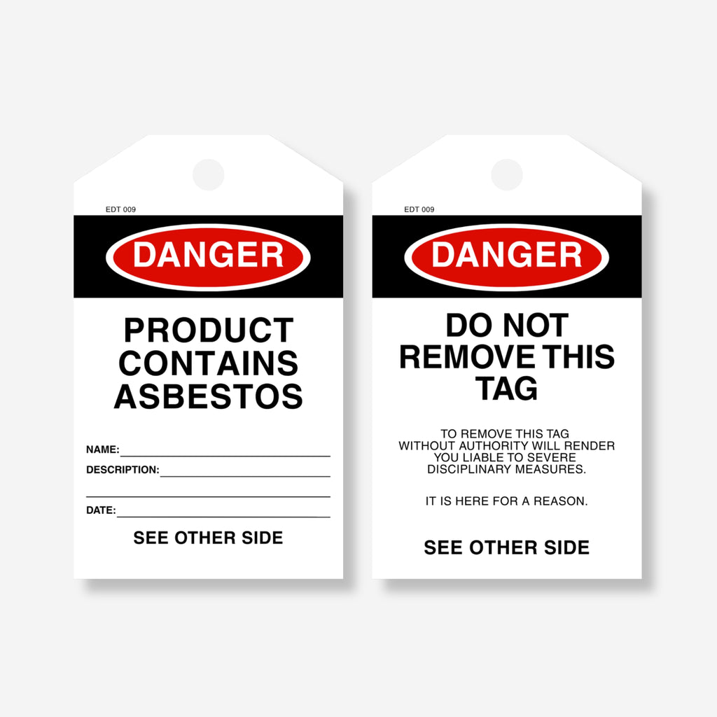 Front and back view of the Danger Product Contains Asbestos tag, showing sign-off fields on the front and a remarks section with "Do Not Remove This Tag" warning on the back.