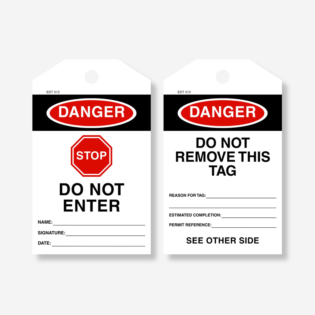 Front and back view of the Danger Stop Do Not Enter tag, showing sign-off fields on the front and a remarks section with "Do Not Remove This Tag" warning on the back.