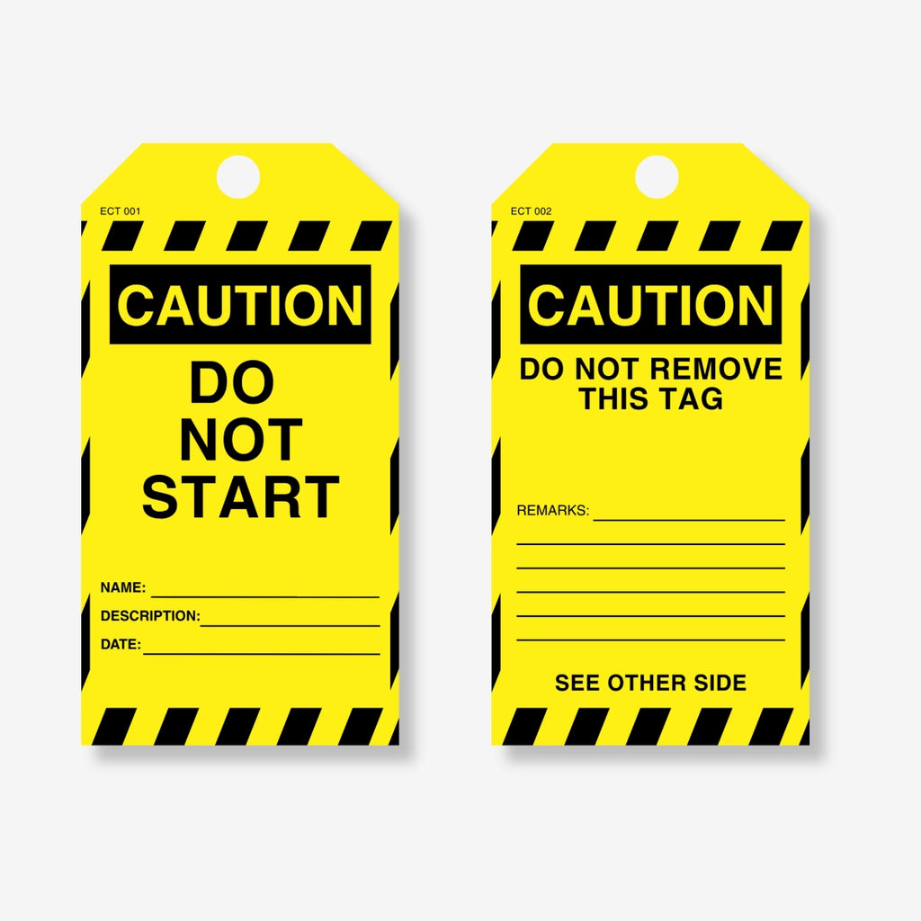 ECT 001 safety tag shown flat revealing full 145 x 90 mm dimensions with do not start message and tag hole