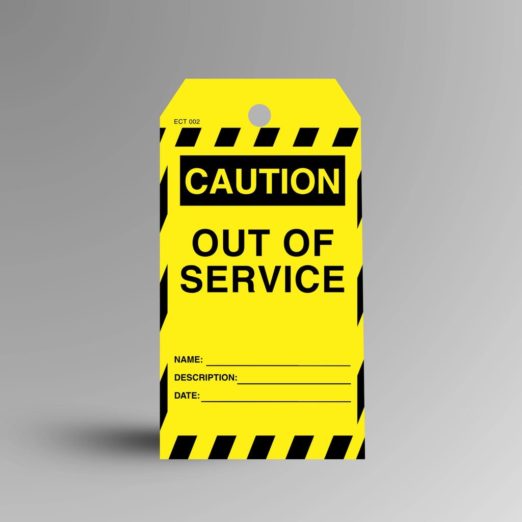 ECT 002 Out of Service economy caution tag shown upright with bright yellow design and out of service message