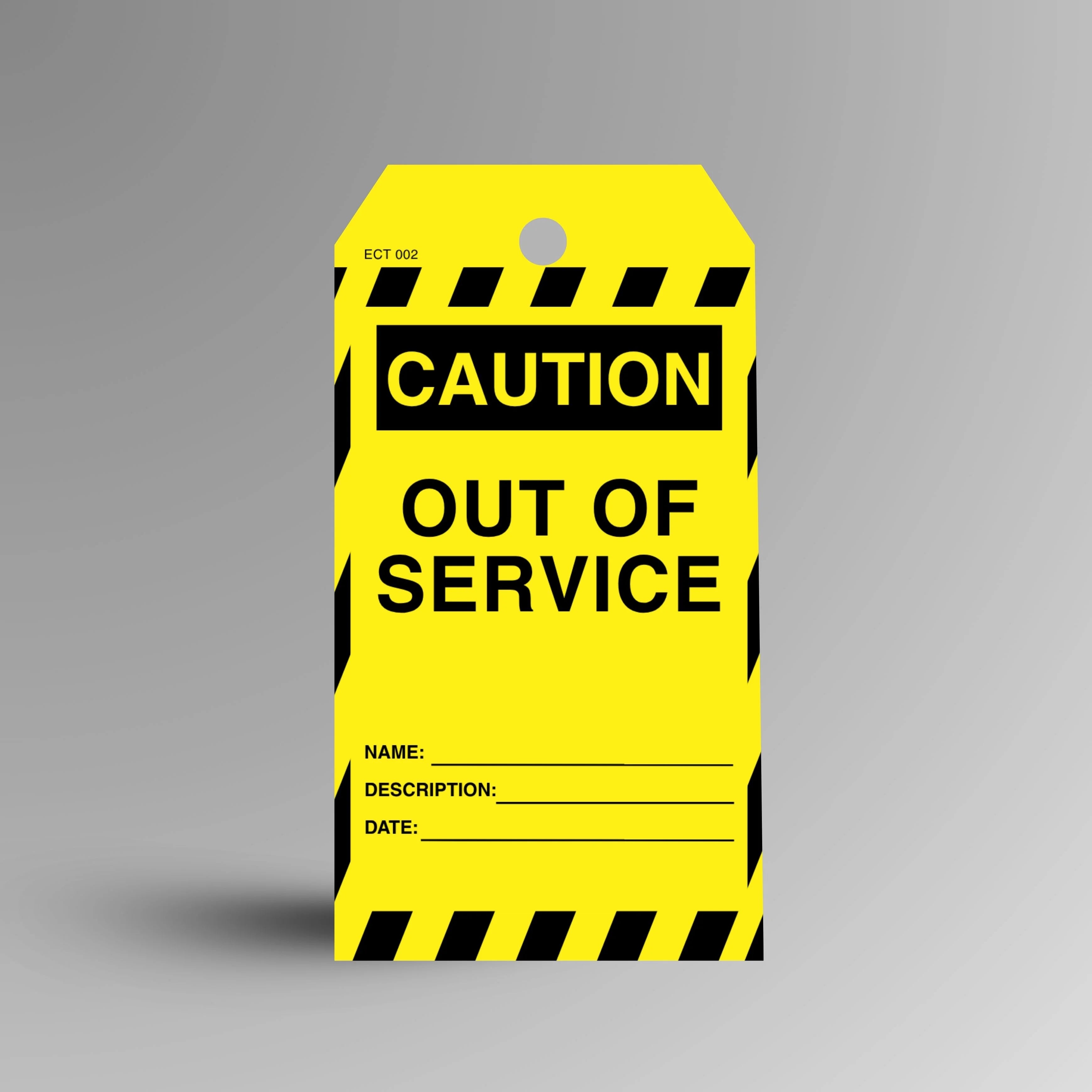ECT 002 Out of Service economy caution tag shown upright with bright yellow design and out of service message