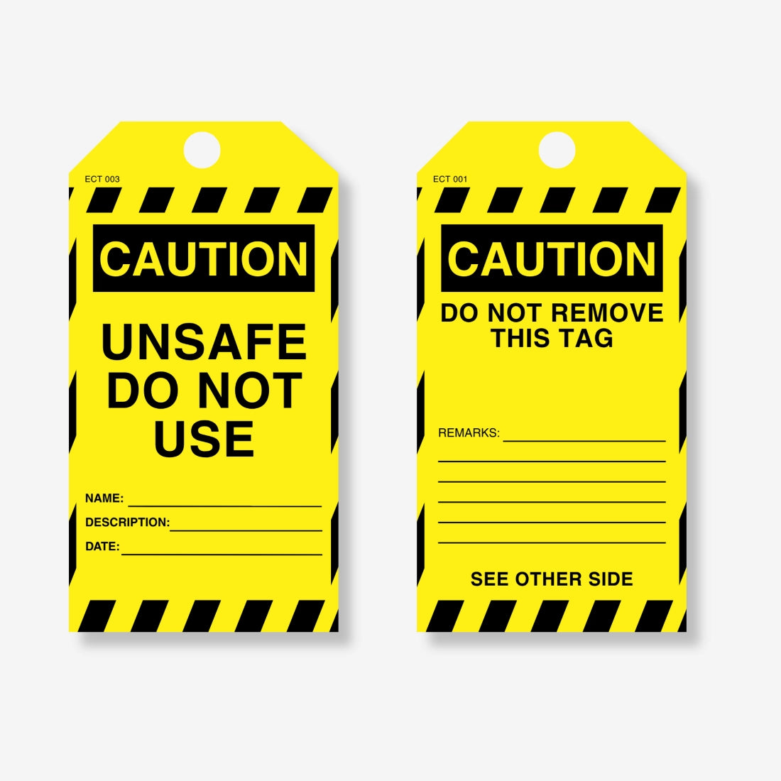 ECT 003 safety tag shown flat revealing full 145 x 90 mm dimensions with do not use warning and tag hole
