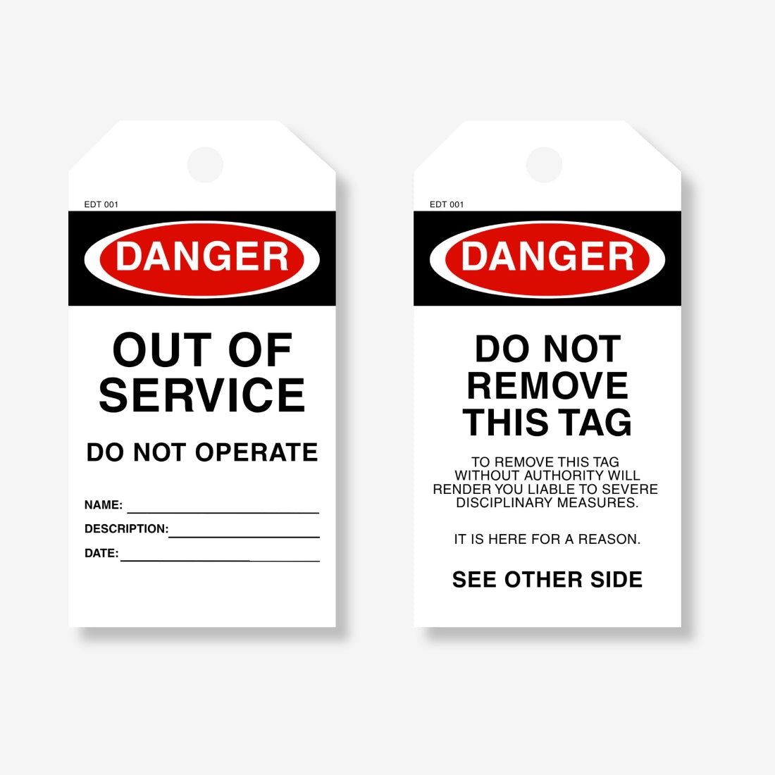 EDT 001 Out of Service safety tag displayed flat showing full 145 x 90 mm dimensions with writing area and attachment hole