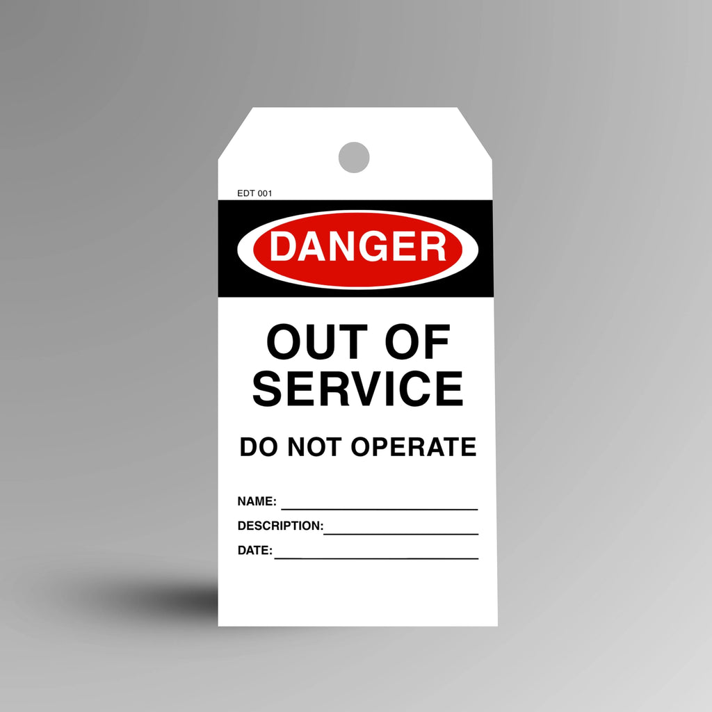 EDT 001 Out of Service economy danger tag shown upright in red with bold black text and warning header