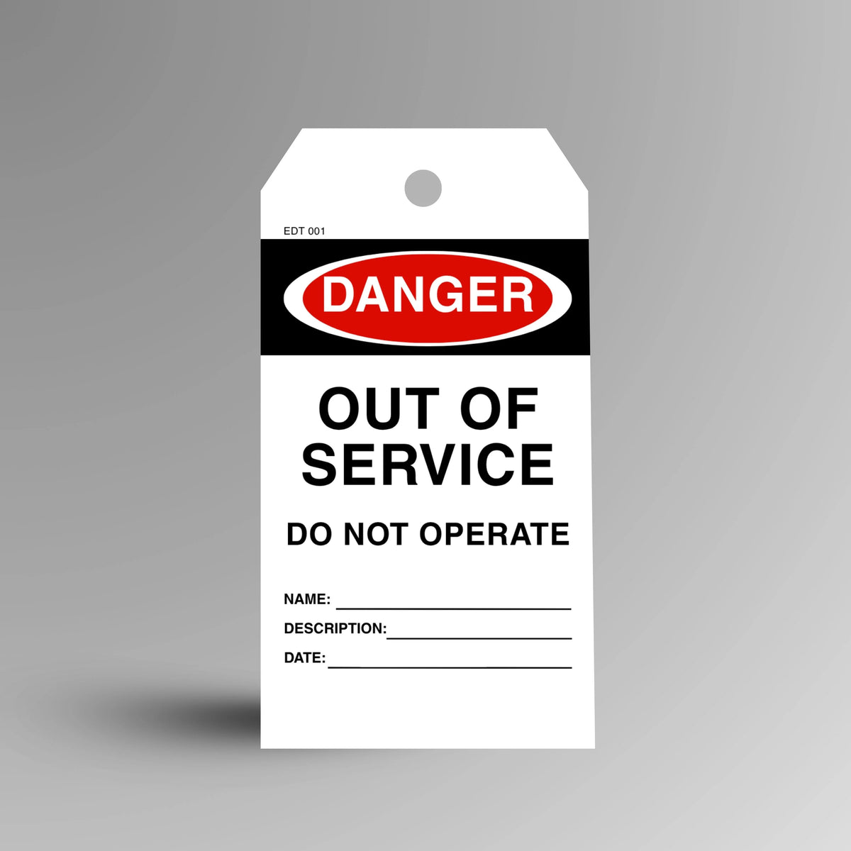 EDT 001 Out of Service economy danger tag shown upright in red with bold black text and warning header
