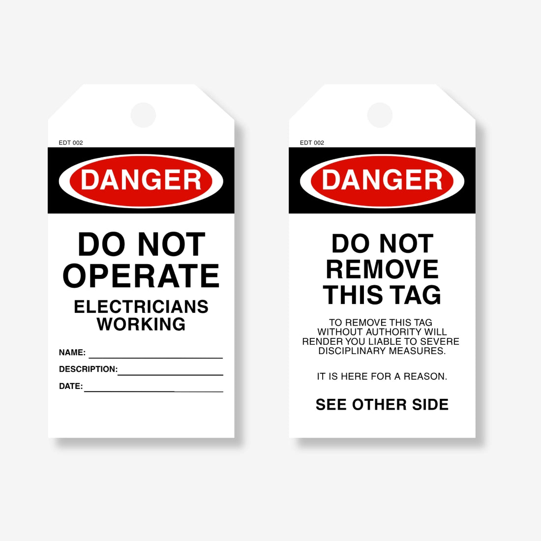 EDT 002 safety tag shown flat revealing full dimensions of 145 x 90 mm with electricians working message and attachment point