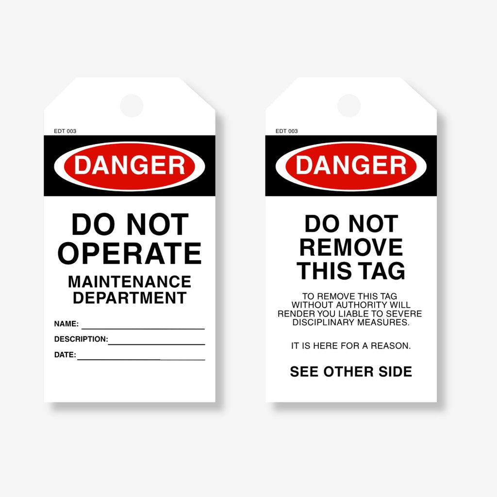 EDT 003 safety tag displayed flat showing complete 145 x 90 mm layout with maintenance department message and tag hole