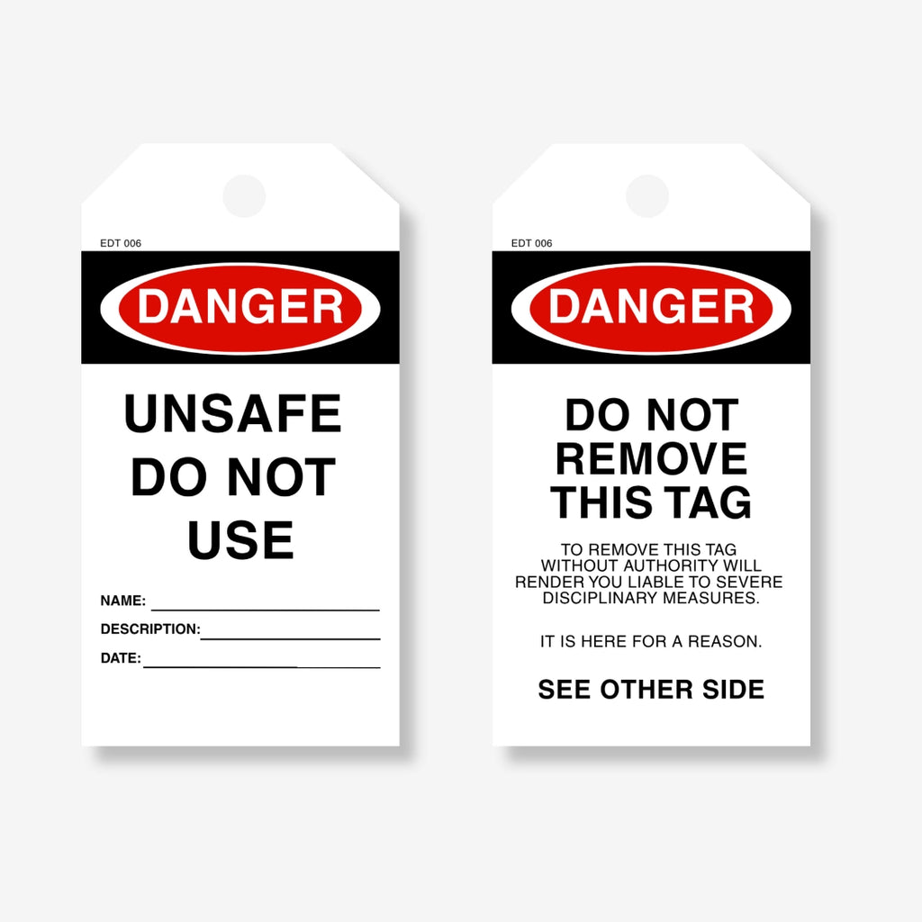  EDT 006 safety tag shown flat revealing full 145 x 90 mm dimensions with unsafe equipment warning and attachment point