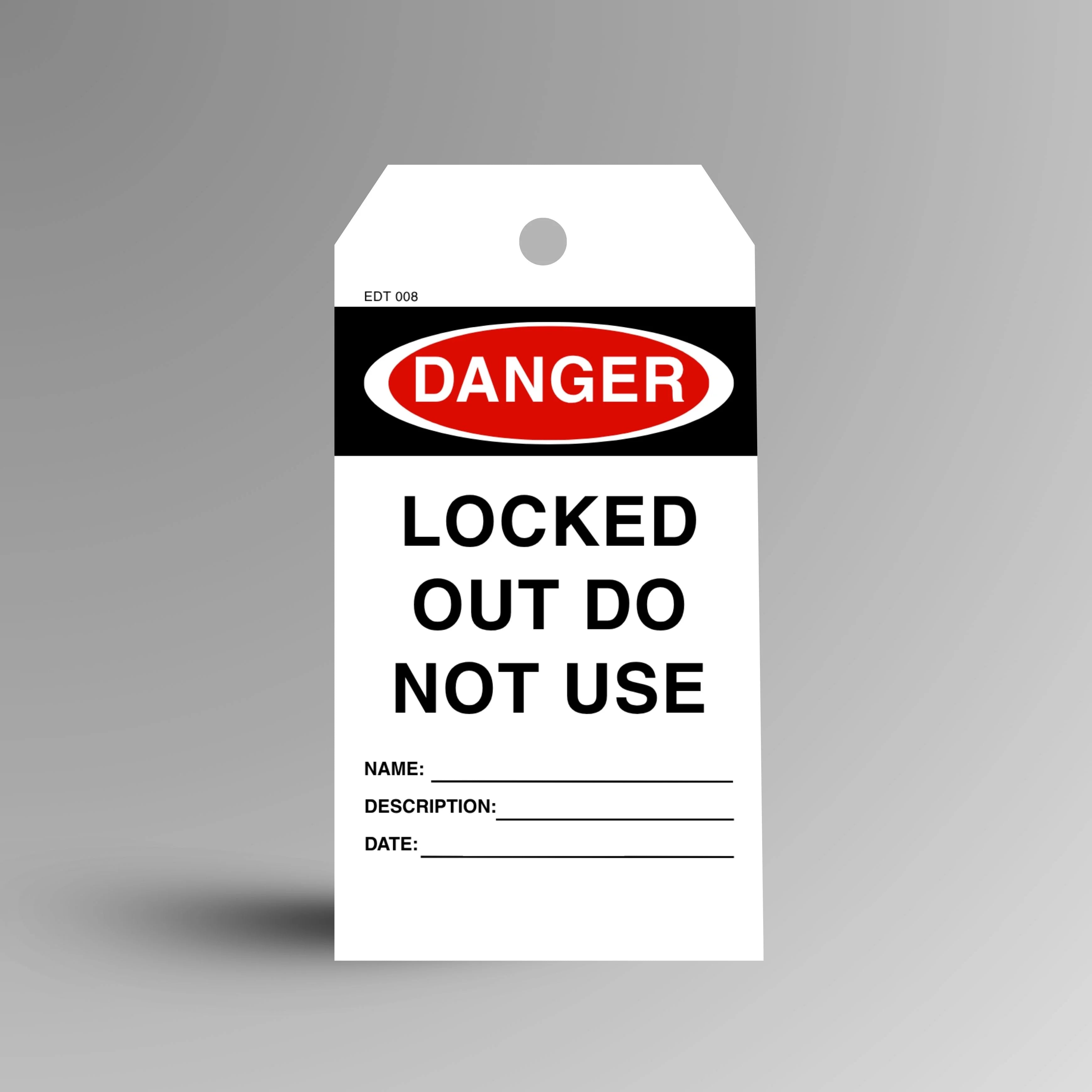 EDT 008 Locked Out Do Not Use economy danger tag displayed upright with red design and lockout confirmation message