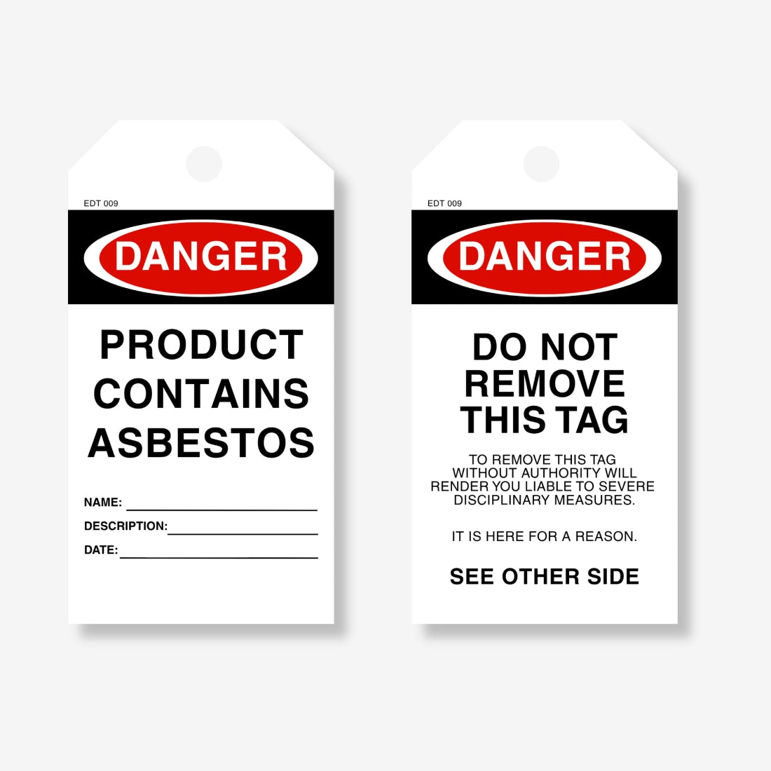 EDT 009 safety tag displayed flat showing complete 145 x 90 mm layout with asbestos warning and attachment point