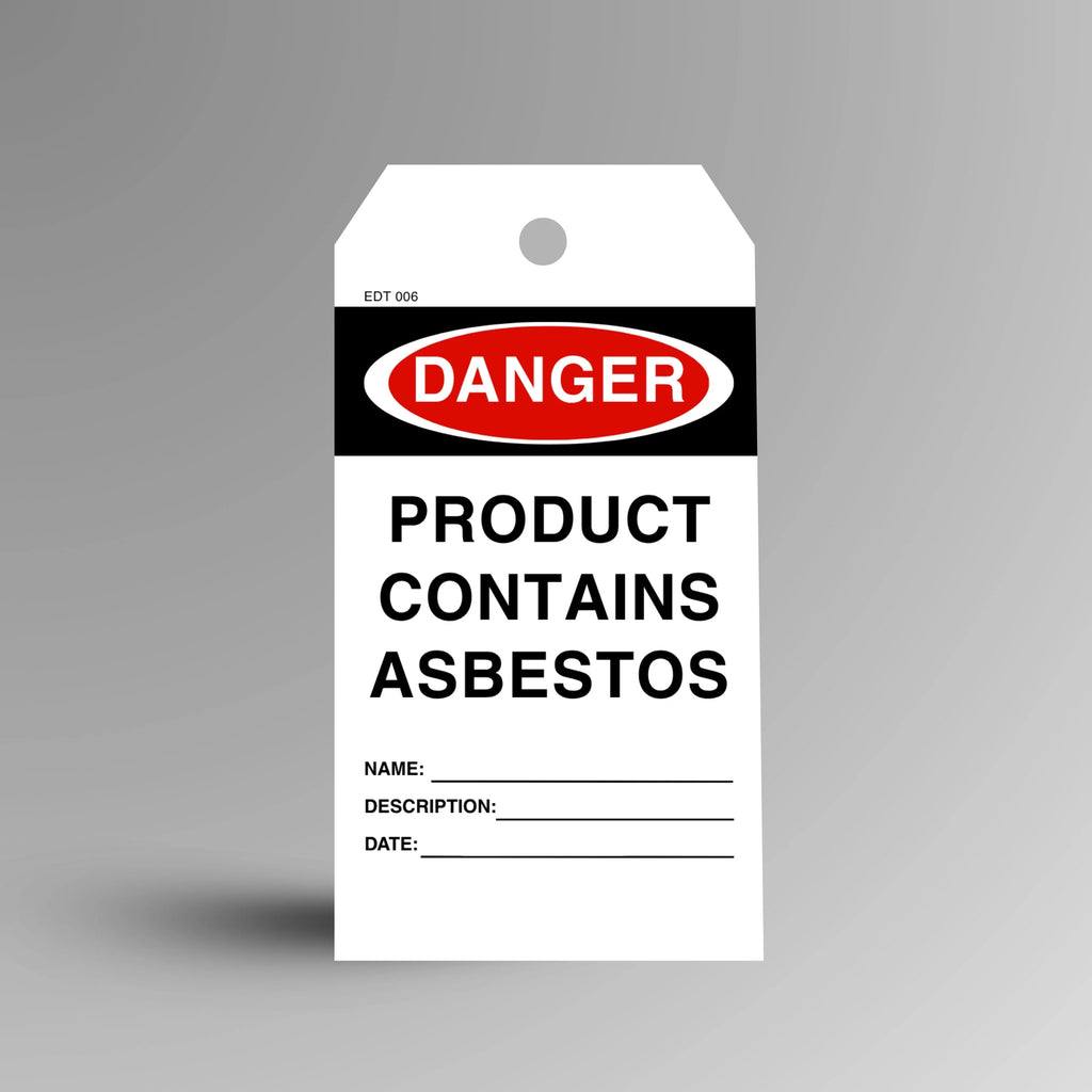 EDT 009 Product Contains Asbestos economy danger tag shown upright with red background and hazardous material warning text
