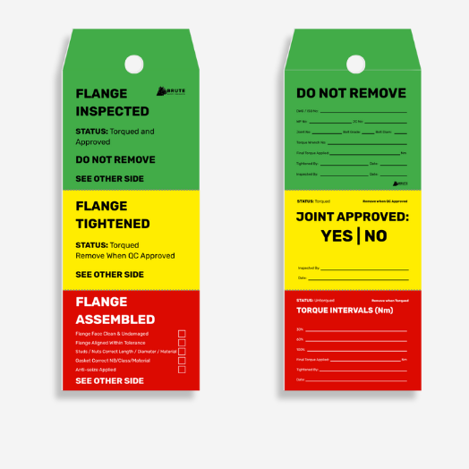 FST 001 Three Stage Inspected Flange Tag laid flat showing all three inspection stages, company details field, and removable sections clearly visible