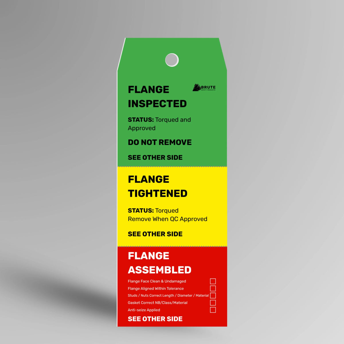 FST 001 Three Stage Inspected Flange Tag shown upright, displaying inspection checkpoints and tear off sections in 200x70mm format