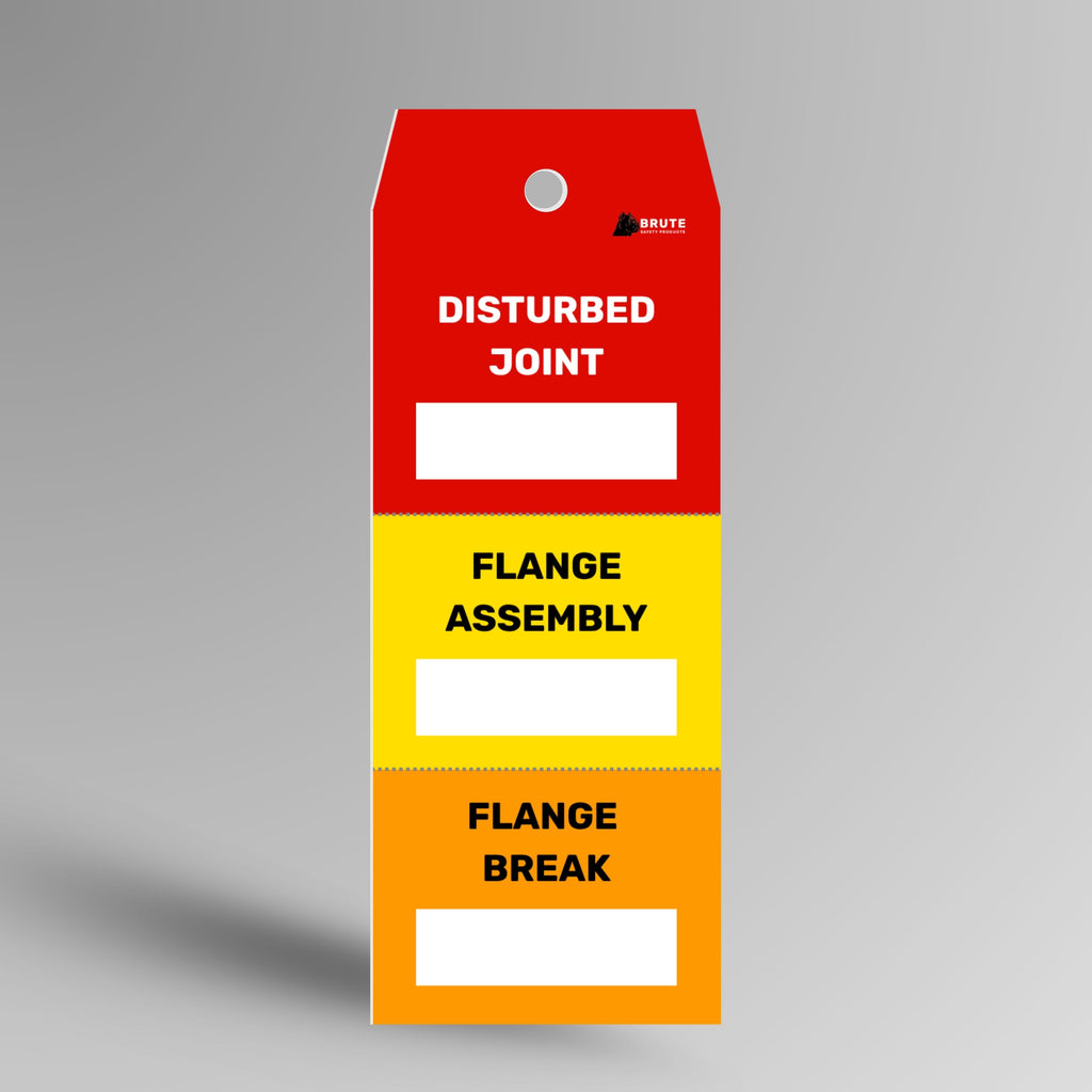 FST 002 Three Stage Disturbed Joint Tag standing upright showing red disturbed joint, yellow flange assembly and orange flange break colour coded front sections with Brute Safety Products branding