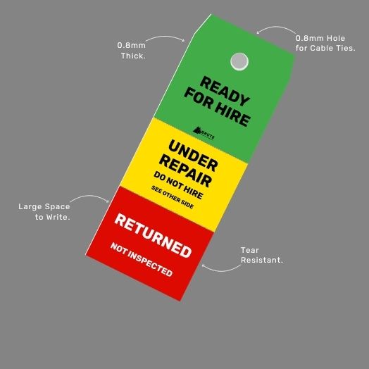 Close up of Three Stage Hire Inspection Tag highlighting three stage colour coded status design, asset and inspection record fields on reverse, 0.8mm poly material and 50 tags per pack