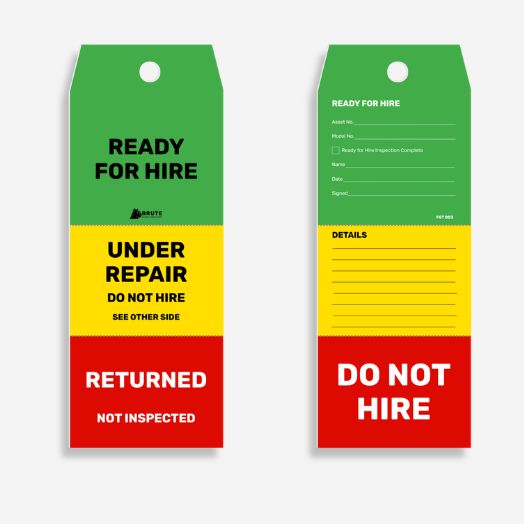 Three Stage Hire Inspection Tag laid flat showing colour coded front face alongside back face with ready for hire asset record fields, details section and red do not hire warning panel, 8mm hole and 200 x 70mm poly construction