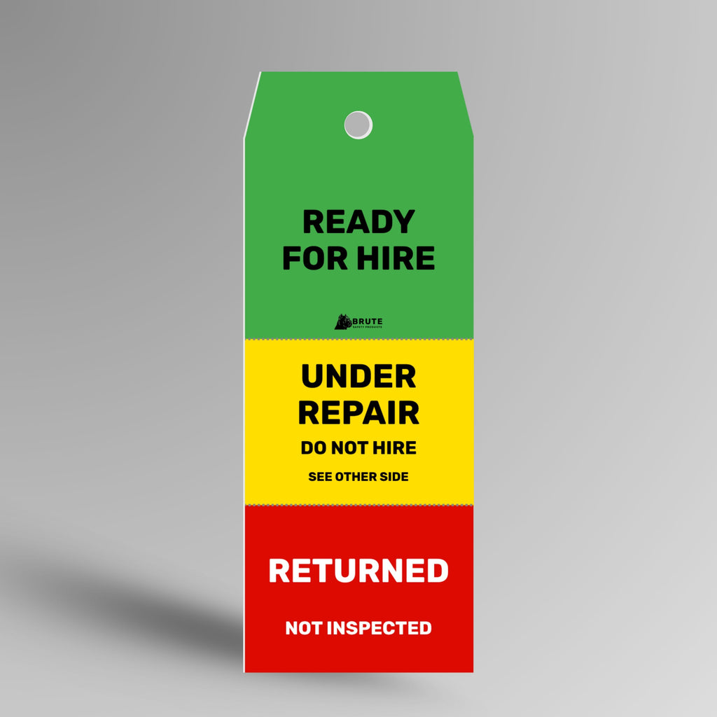 FST 003 Three Stage Hire Inspection Tag standing upright showing green ready for hire, yellow under repair do not hire and red returned not inspected colour coded front sections with Brute Safety Products branding