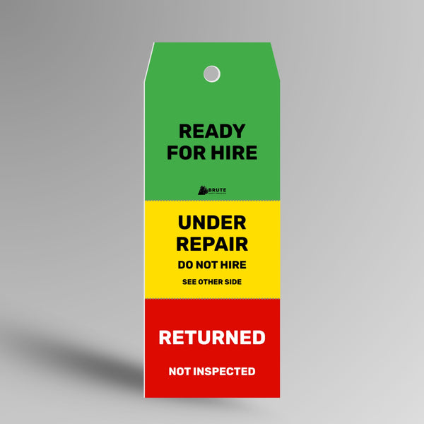 FST 003 Three Stage Hire Inspection Tag standing upright showing green ready for hire, yellow under repair do not hire and red returned not inspected colour coded front sections with Brute Safety Products branding