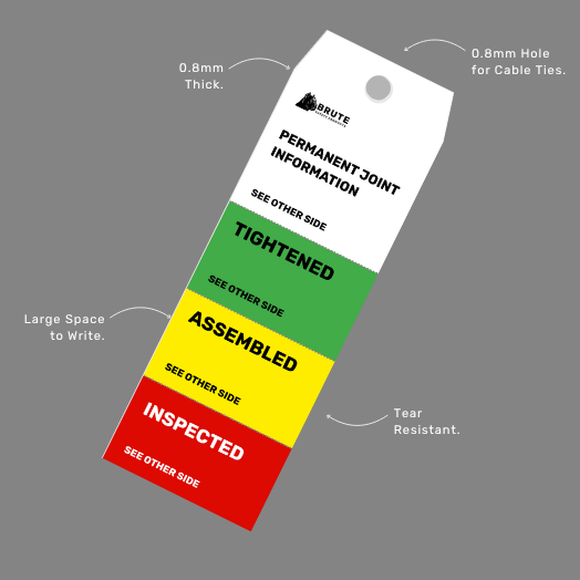 FST 101 Four Stage Permanent Joint Information Flange Tag benefits callout showcasing four stage verification process, permanent record keeping, and joint documentation system