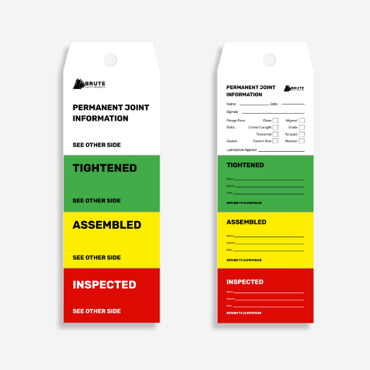 FST 101 Four Stage Permanent Joint Information Flange Tag laid flat revealing all four stages, permanent joint data fields, and tear off sections with complete details