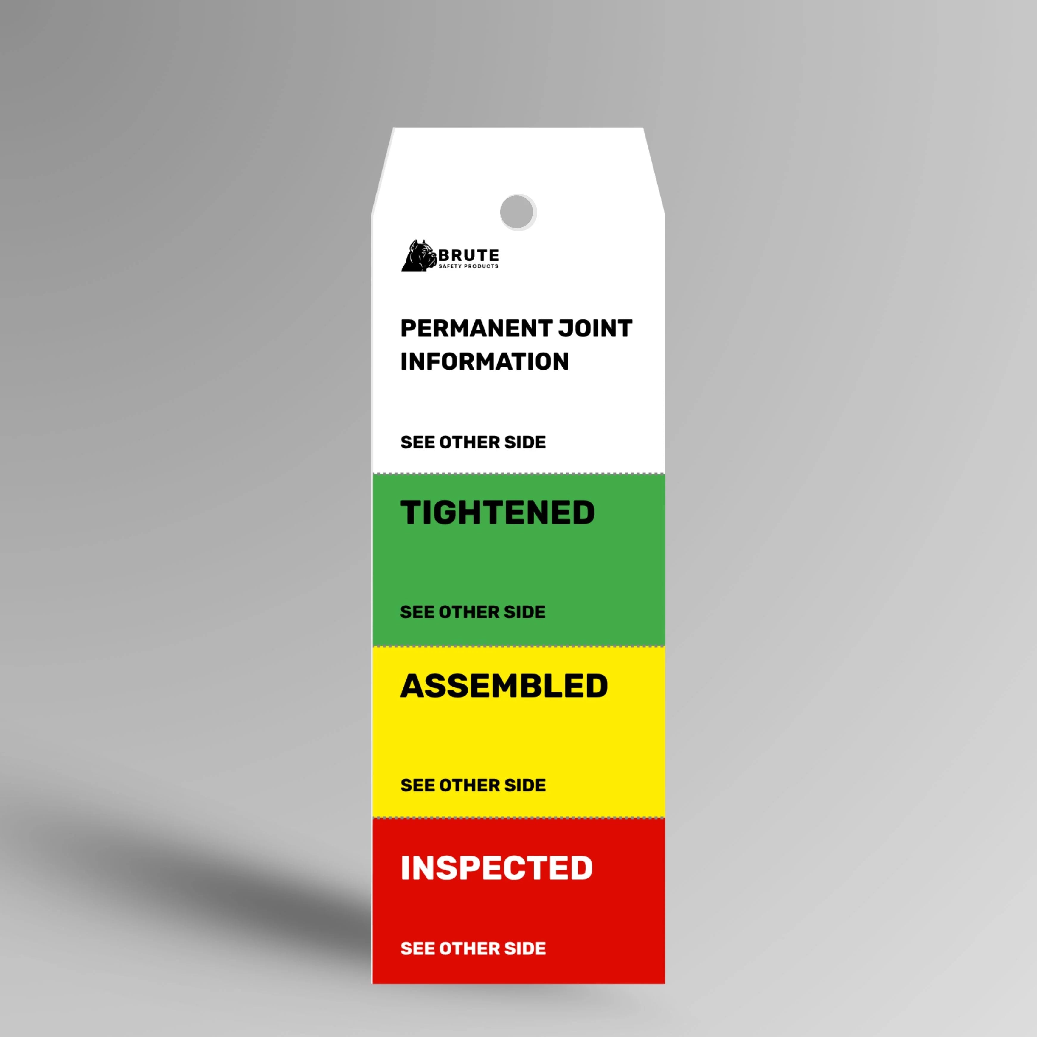 FST 101 Four Stage Permanent Joint Information Flange Tag upright revealing all four stages, permanent joint data fields, and tear off sections with complete details