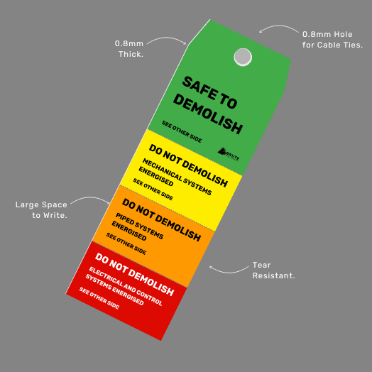 FST 102 Four Stage Safe to Demolish Flange Tag benefits callout highlighting four stage safety verification, demolition clearance system, and worker protection features