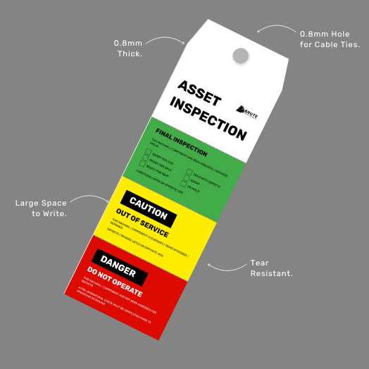 FST 103 Four Stage Asset Inspection Flange Tag benefits callout emphasising four stage final verification, inspection accountability, and commissioning safety features