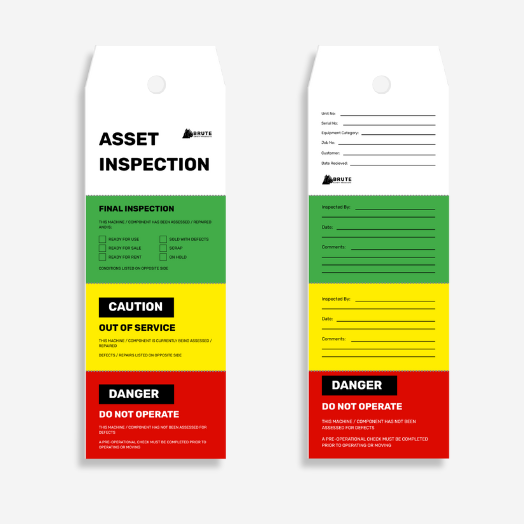 FST 103 Four Stage Asset Inspection Flange Tag laid flat showing all four final inspection stages, inspector signature fields, and removable tear off sections