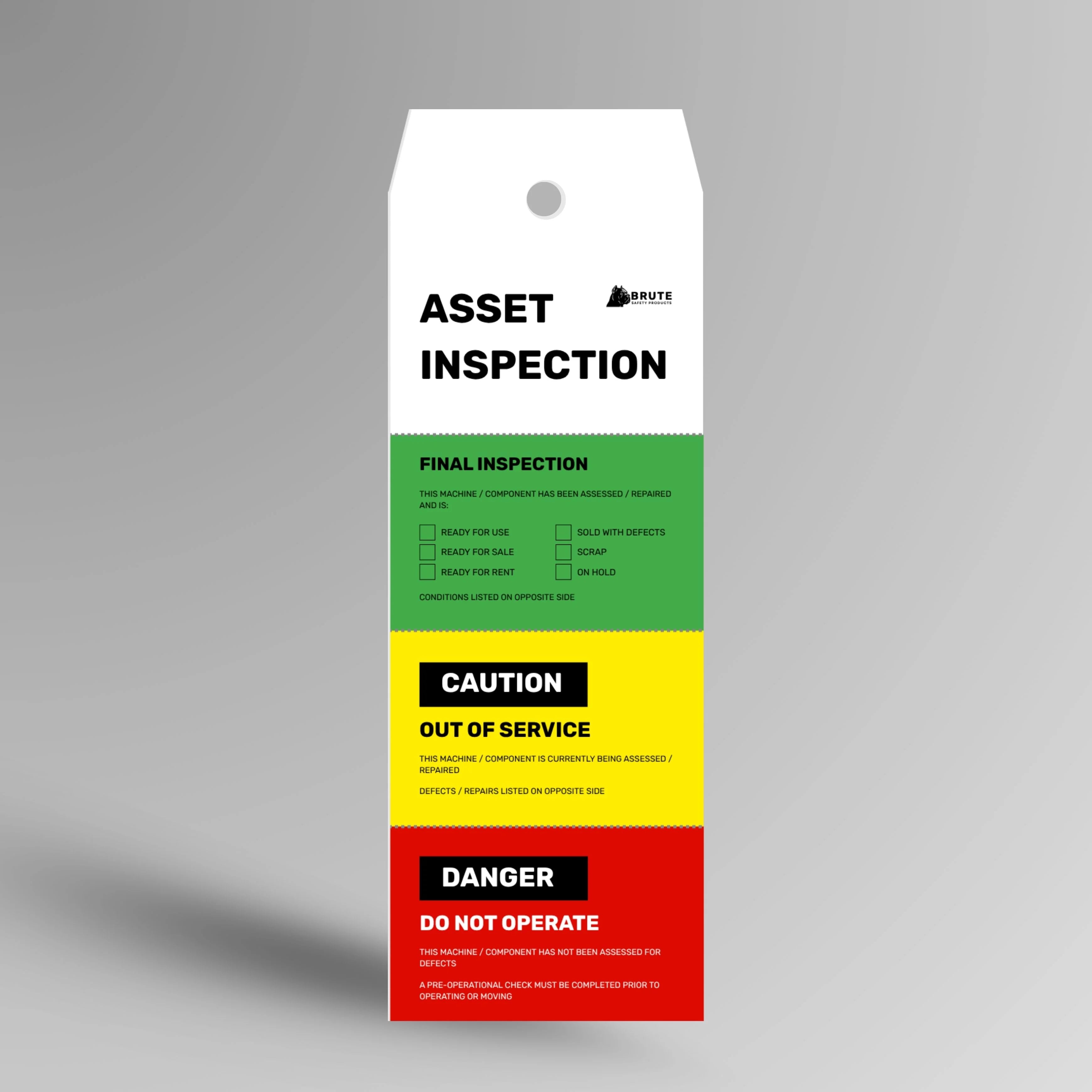 FST 103 Four Stage Asset Inspection Flange Tag shown upright displaying four inspection checkpoints and verification sections in 220x70mm format