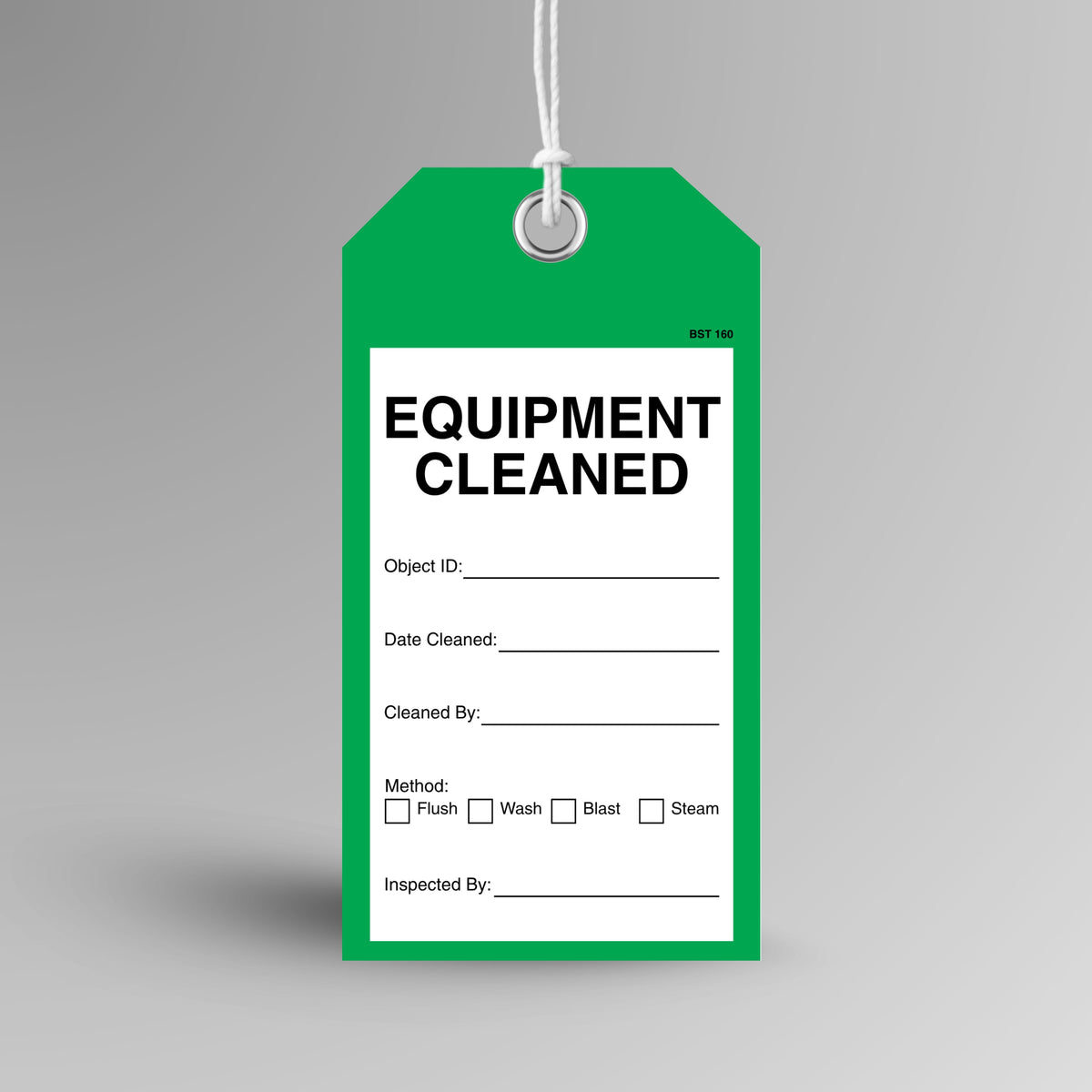Green BST 160 Equipment Cleaned tag hanging from white string through a metal eyelet, with object ID, date cleaned, cleaned by and flush, wash, blast or steam method boxes.