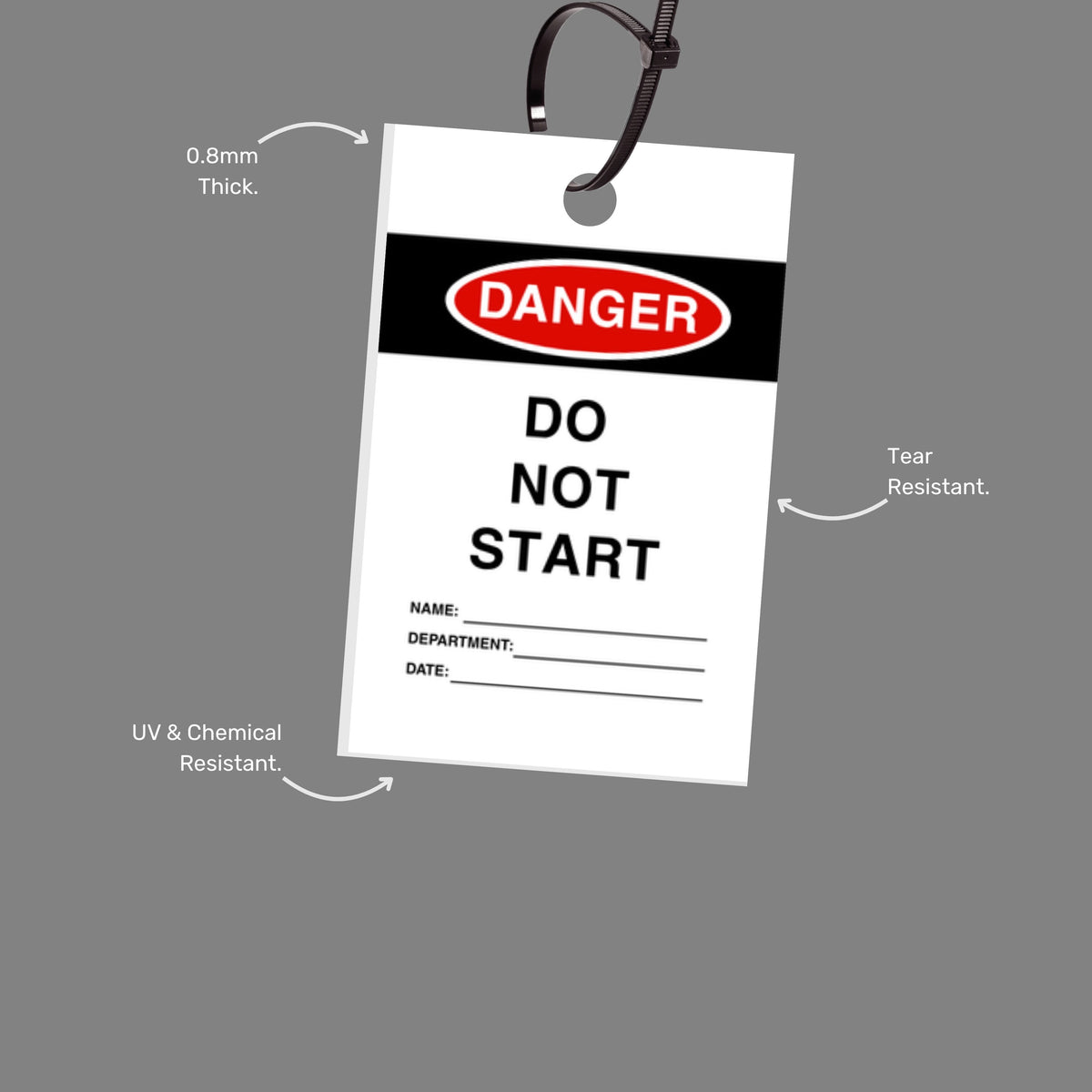 Danger Do Not Start tag with callout highlighting durable material construction and clear visibility for lockout tagout systems