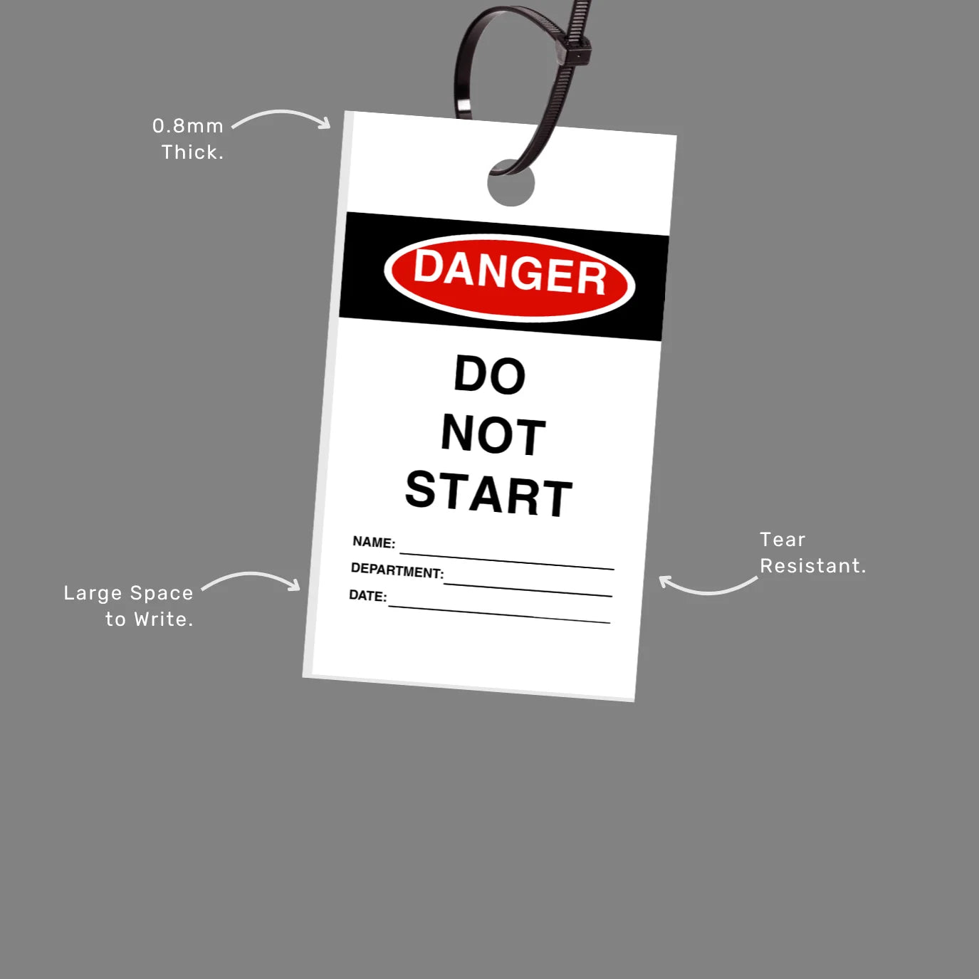 Danger Do Not Start tag with callout highlighting durable material construction and clear visibility for lockout tagout systems