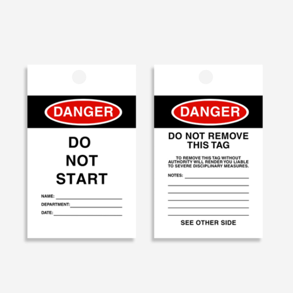 HDT 001 safety tag laid flat showing full dimensions of 140 x 75mm with writing area and bold danger warning text