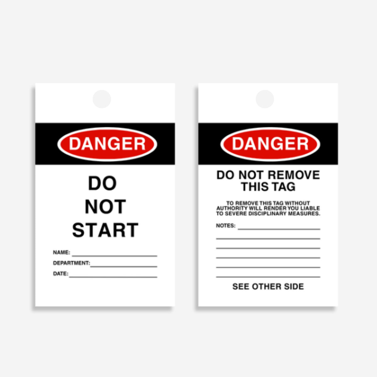 HDT 001 safety tag laid flat showing full dimensions of 140 x 75mm with writing area and bold danger warning text