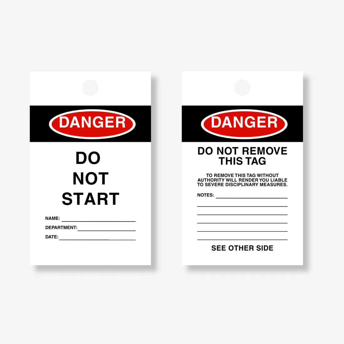 HDT 001 safety tag laid flat showing full dimensions of 140 x 75mm with writing area and bold danger warning text