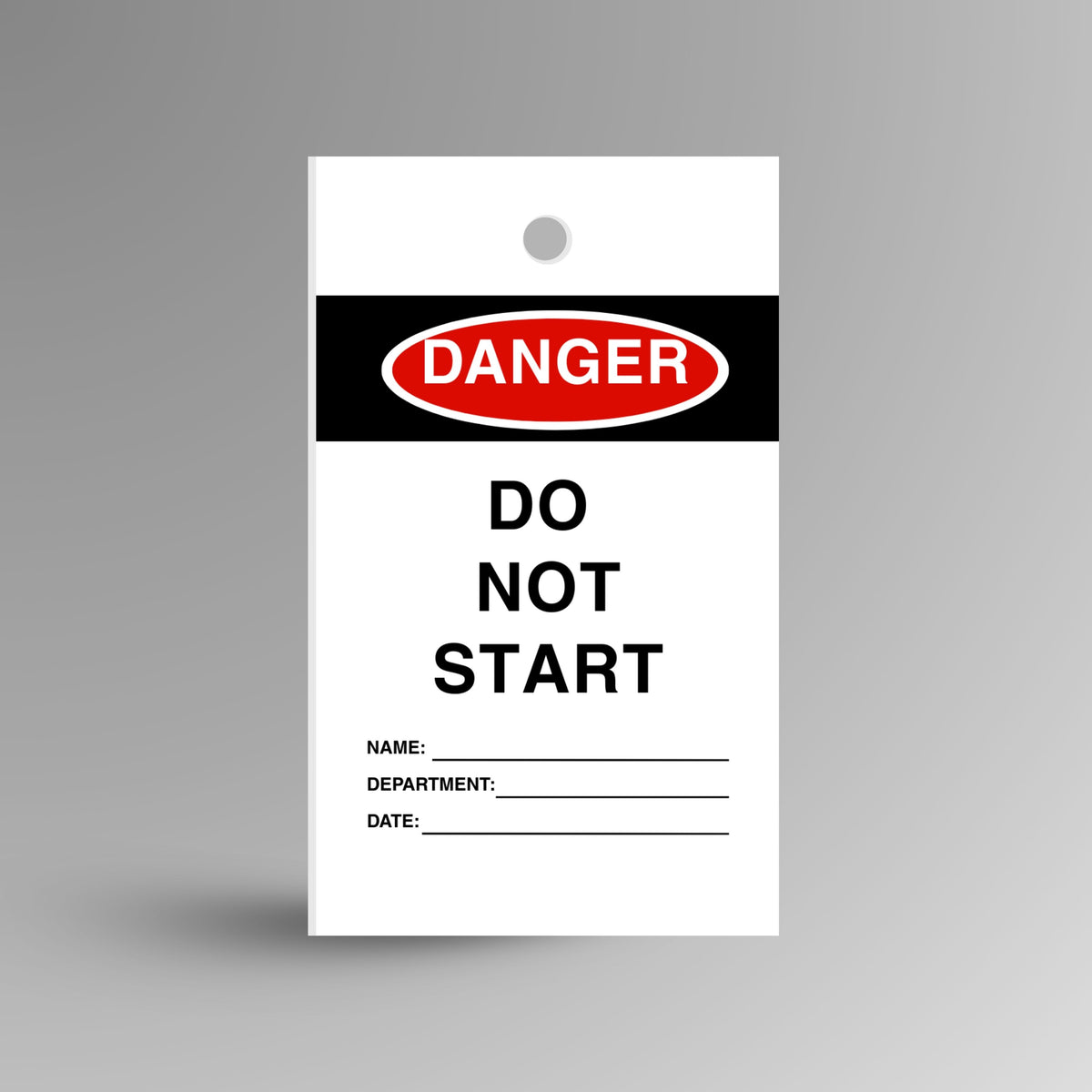 ed Danger Do Not Start safety tag shown upright displaying warning message and attachment hole