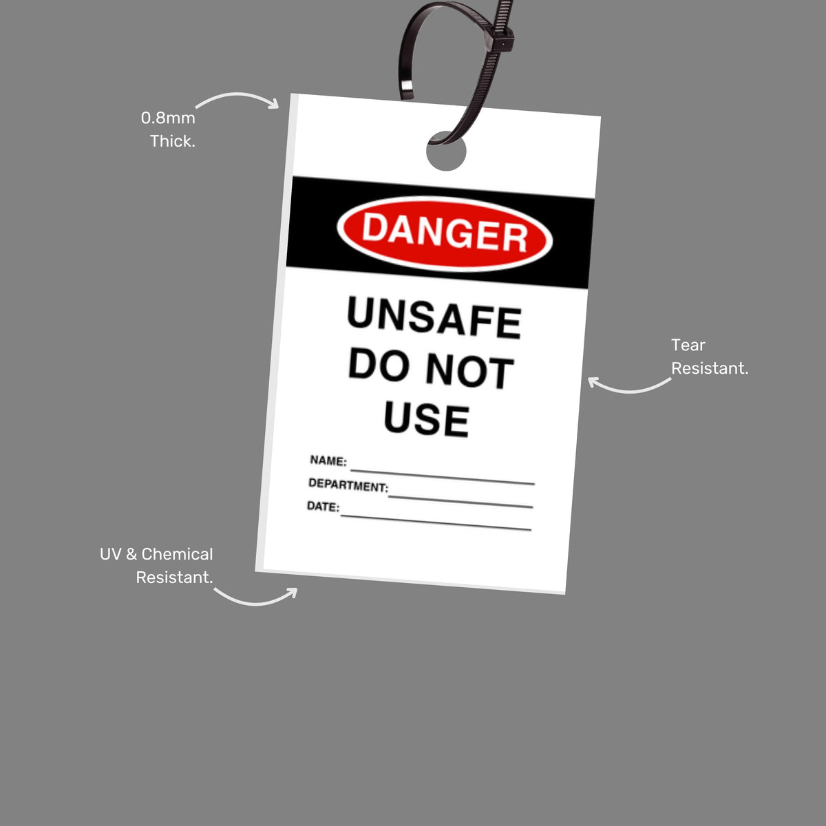 Danger Unsafe Do Not Use tag featuring callout of weather resistant properties and bold text for loto compliance